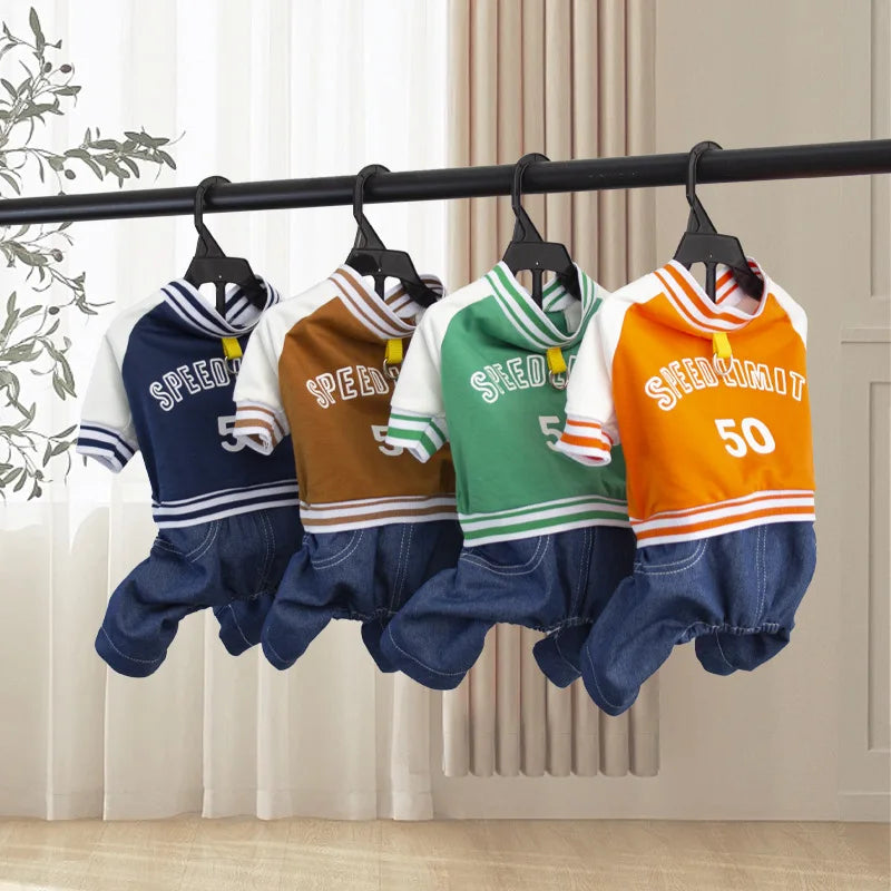 Pet Dog College Jacket with Denim Pants β 4-Legged One-Piece Outfit for Small & Medium Dogs