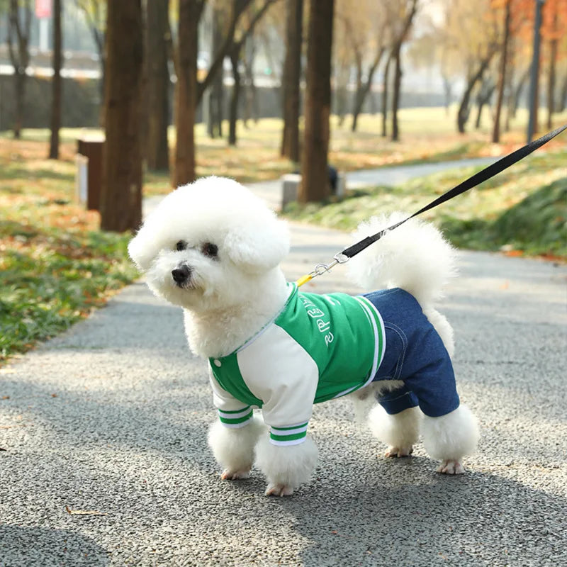 Pet Dog College Jacket with Denim Pants β 4-Legged One-Piece Outfit for Small & Medium Dogs
