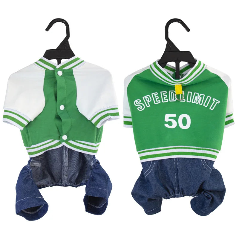 Pet Dog College Jacket with Denim Pants – 4-Legged One-Piece Outfit for Small & Medium Dogs