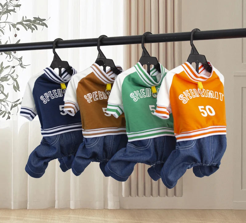 Pet Dog College Jacket with Denim Pants – 4-Legged One-Piece Outfit for Small & Medium Dogs