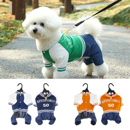 Pet Dog College Jacket with Denim Pants – 4-Legged One-Piece Outfit for Small & Medium Dogs