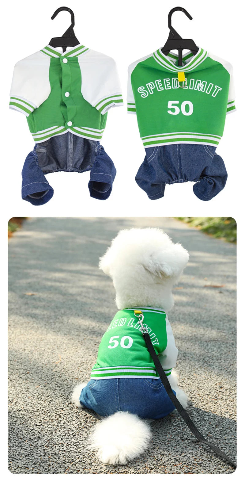 Pet Dog College Jacket with Denim Pants – 4-Legged One-Piece Outfit for Small & Medium Dogs