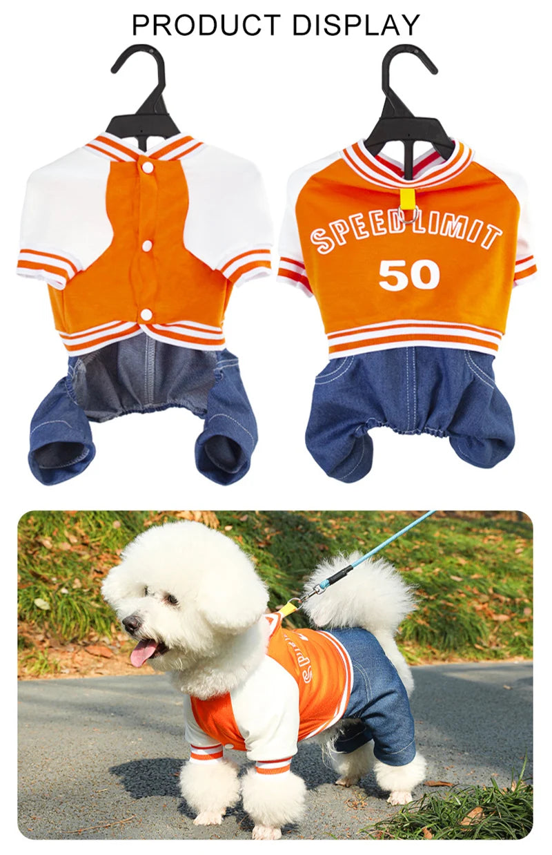 Pet Dog College Jacket with Denim Pants – 4-Legged One-Piece Outfit for Small & Medium Dogs