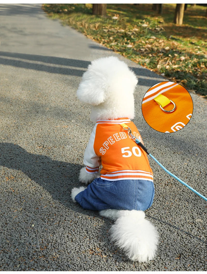 Pet Dog College Jacket with Denim Pants – 4-Legged One-Piece Outfit for Small & Medium Dogs