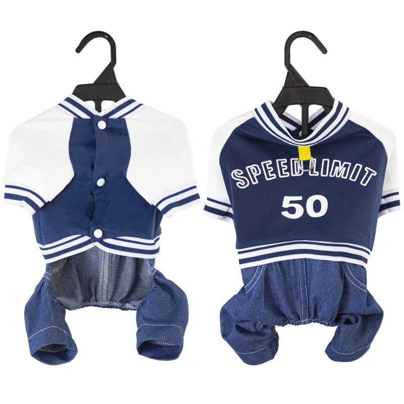 Pet Dog College Jacket with Denim Pants – 4-Legged One-Piece Outfit for Small & Medium Dogs