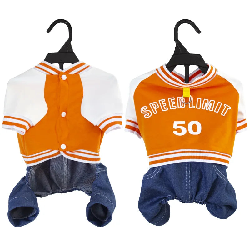 Pet Dog College Jacket with Denim Pants – 4-Legged One-Piece Outfit for Small & Medium Dogs